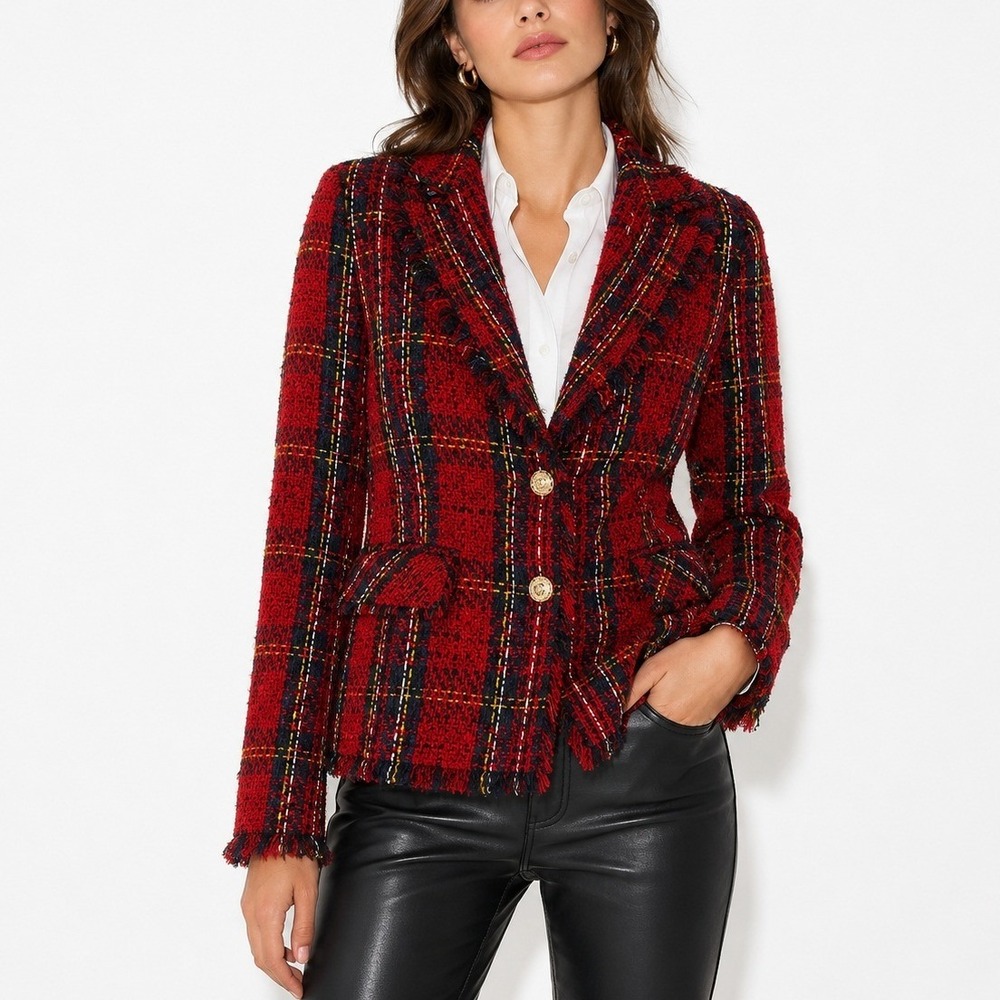 Walter Baker Scotch Tweed Damon Blazer L Red Plaid Fringe Gold Button
